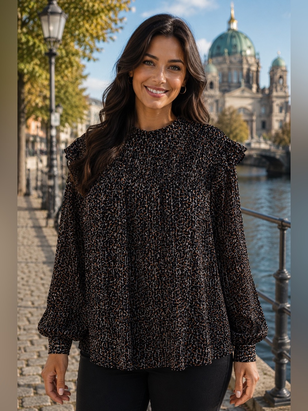 LOFT Black Multi Smocked Ruffle Long-Sleeve Blouse - Picture 8 of 8